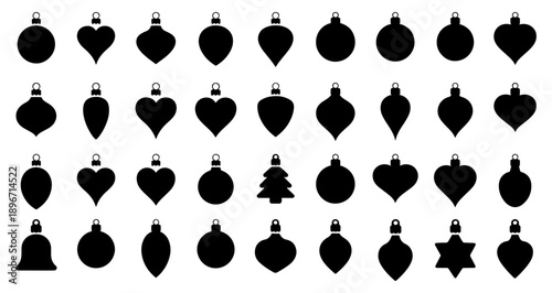 Christmas tree ornaments silhouette collection, Include classic round ornaments, teardrops, stars, bells, Christmas tree shapes, icicle shapes, for festive-themed icon or cutout vector.