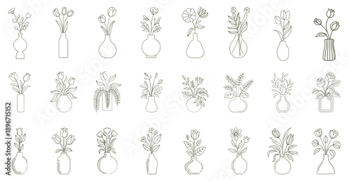 Black line-art floral designs collection  arranged in different vase shapes, for use flat design, verse stems, leaves, and blooms vector illustration style.