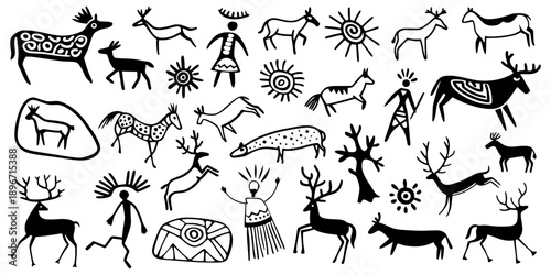 Set petroglyphs, rock paintings, isolated on white background, naive art, vector design