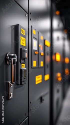 Rows of data-center server racks glow with yellow labels on metal cabinets, dim lights and reflections. softly