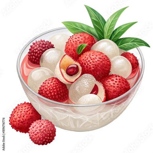 Delicious lychee and nata de coco dessert mix in a bowl