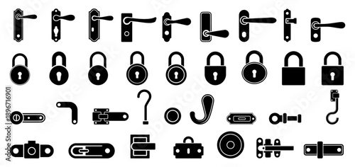 Hardware silhouettes including door handle, cabinet knob, hinge, latch, lock cylinder, hook, black silhouette collection, vector art.
