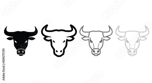 Set of four stylized bull heads in different graphic styles and colors
