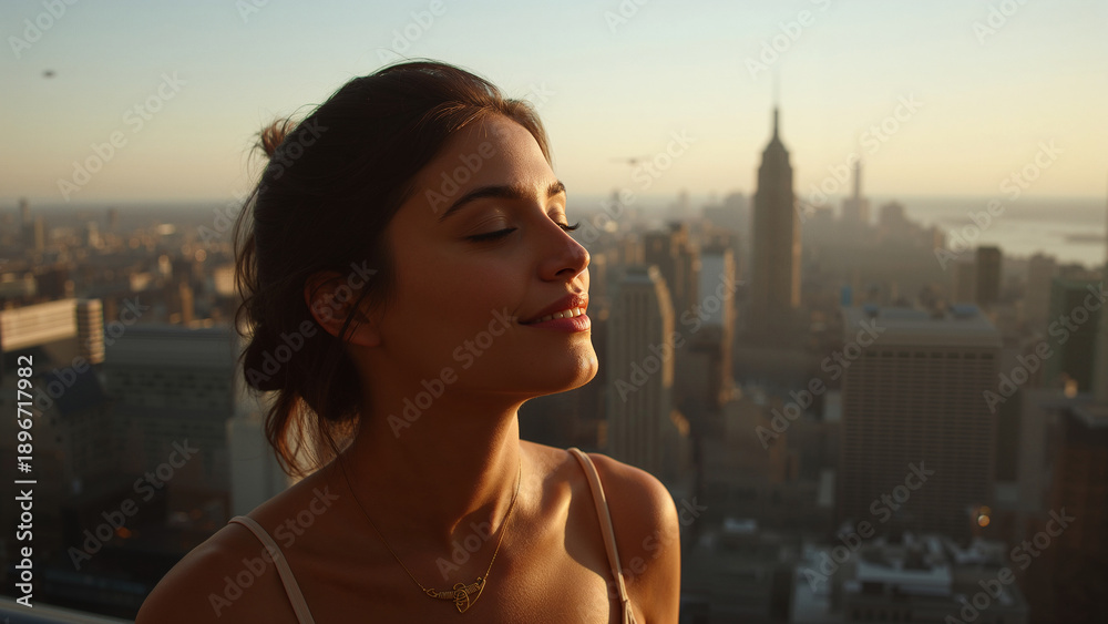 Fototapeta premium Woman Enjoying Peaceful Sunset View Over Urban Skyline