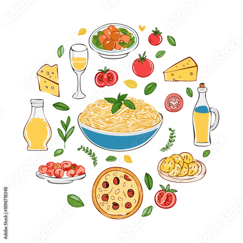 Pasta and Pizza Food Set Flat Lay Vector Illustration with Cheese, Tomato, and Oil