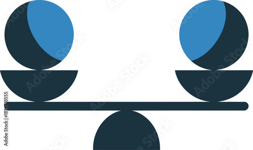 Stylized Balance Scale with Blue and Dark Blue Spheres on White Background