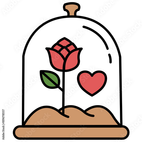 Rose in Glass Dome with Heart Valentine Vector Illustration