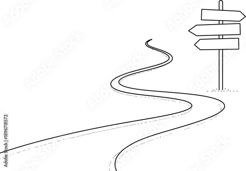 A Winding Road Leading to a Crossroads Signpost Indicating Multiple Directions