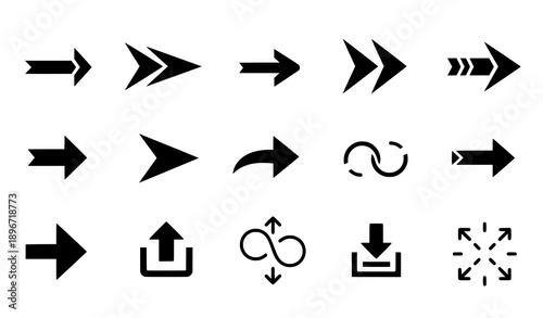 Simple black arrow vector icon collection with modern cursor and navigation symbols isolated on white background