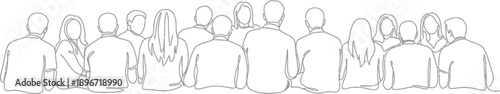 A large group of people in a conference or auditorium, viewed from behind, in a simple line drawing style