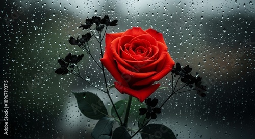 Red rose with dark foliage against a rain-streaked window, soft focus background