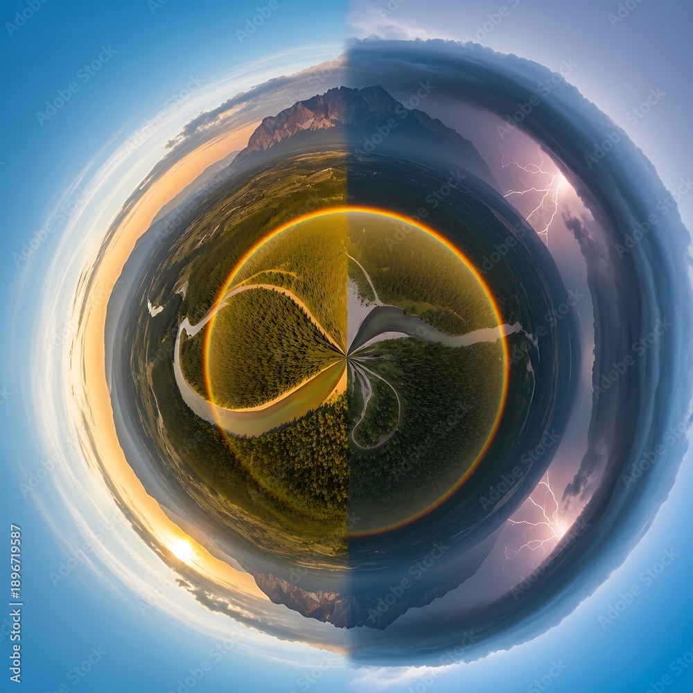 Fototapeta premium Futuristic Climate Duality Spherical Little Planet View Contrasting a Rainbow Over Lush Nature with a Powerful Lightning Storm, Highlighting Environmental Extremes