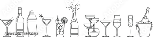 Line art bar drinks and cocktails collection vector illustration featuring champagne bottles martini glasses and wine for party celebration nightlife and restaurant menu design