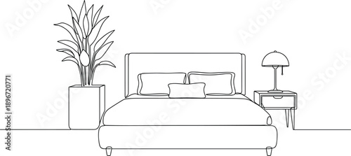 Continuous One Line Drawing Collection of Modern Bedroom Furniture Piano Player Wedding Rings String Lights Cocktail Glasses and Snail for Creative Design Vector Illustration