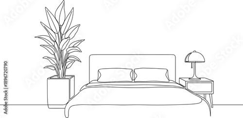 Continuous One Line Drawing of Modern Bedroom Interior with Double Bed Houseplant and Nightstand Lamp Minimalist Vector Illustration for Home Decor and Real Estate