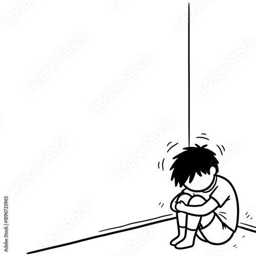 A simple black and white line drawing of a huddling person in a corner, depicting themes of social anxiety, depression, loneliness, and mental health struggles.