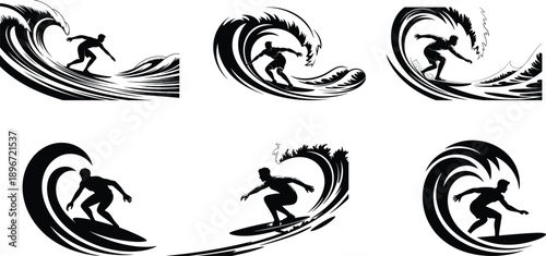 Surfer's silhouette collection, male figure with surfboard, wave itself is stylized with flowing vector art.