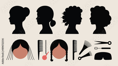 Hairdressing Tools and Diverse Womens Hairstyles Silhouettes Vector Set