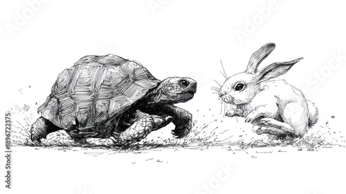 Illustration of tortoise moving toward a bunny, sketched in black and white on white ground