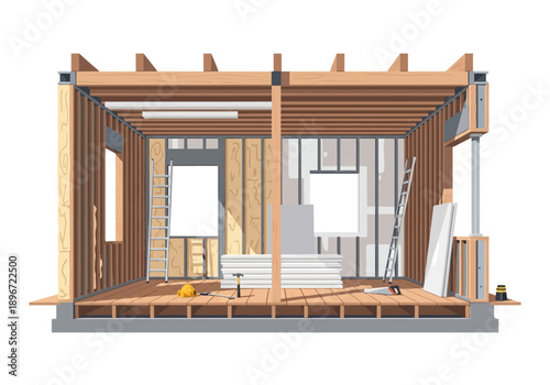 Interior view of a wooden structure under construction with exposed framing and materials