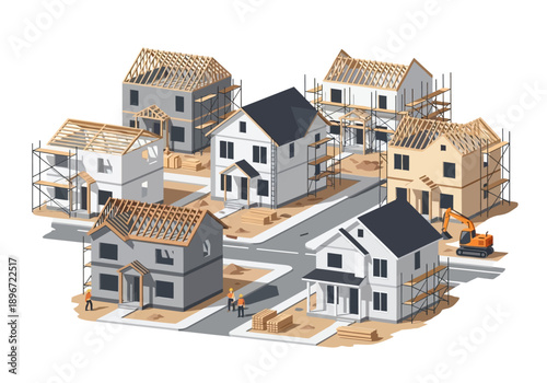 Isometric view of a housing development under construction with multiple unfinished homes