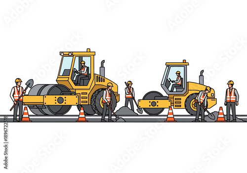 Road construction scene with two yellow steamrollers and construction workers