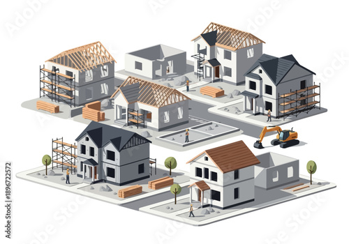 Isometric illustration of houses under construction in a suburban setting