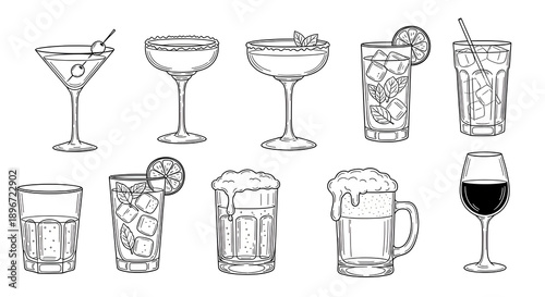 Cocktail and beverage doodle set. Hand drawn drink glasses, alcohol drinks martini, margarita and mojito, daiquiri and beer, whiskey and wine glass for bar menu. Alcohol, mocktail vector symbols