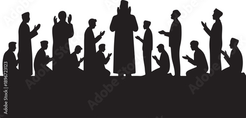 A silhouette of a Muslim community praying at a mosque. Islamic congregational prayer vector illustration. Flat design graphic for Ramadan and religious .