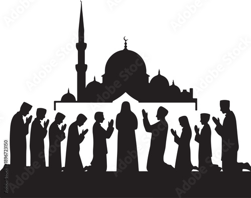 A silhouette of a Muslim community praying at a mosque. Islamic congregational prayer vector illustration. Flat design graphic for Ramadan and religious .