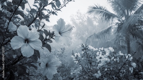 Tropical floral scene in monochrome; hibiscus blooms and palms shrouded in mist