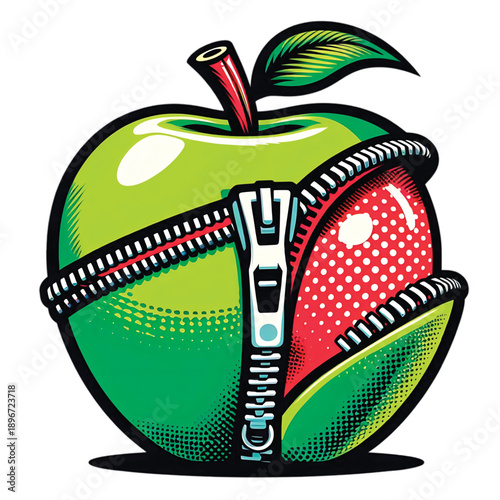 Surprise revealed as zipper opens a vibrant apple to expose a hidden core.