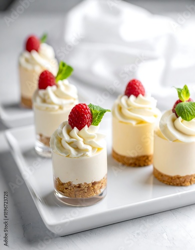 Miniature cheesecakes topped with raspberries and mint leaves, served on tray