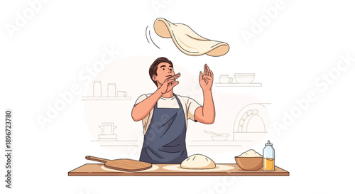 Pizza Chef Tossing Dough in Kitchen Flat Vector Illustration