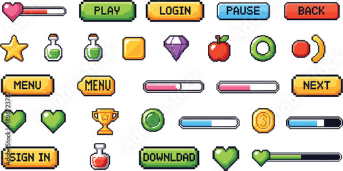 Large set of pixel art game UI elements including buttons health bars coins and power up icons isolated on grey background for video game design
