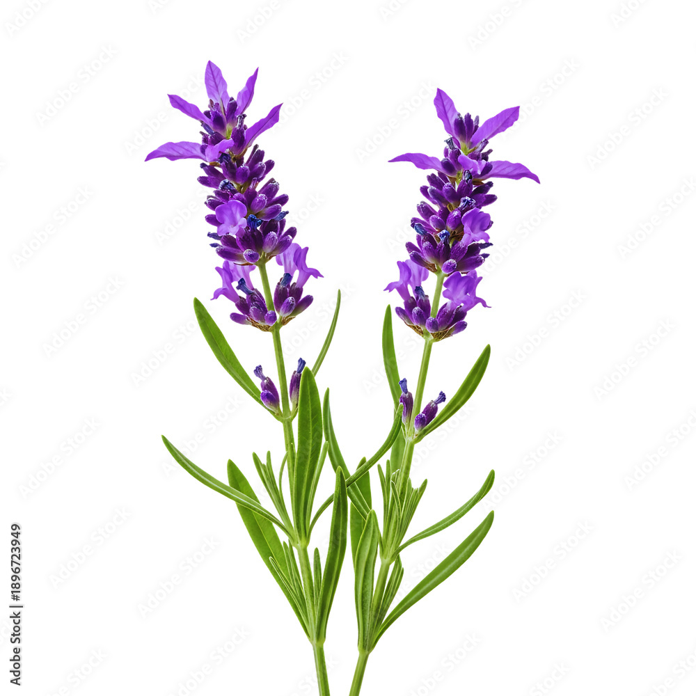 Obraz premium Two lavender flowers with green leaves and purple blooms isolated on transparent background in a simple yet elegant arrangement