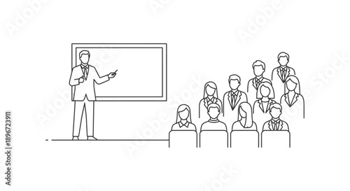 a business presentation in line art with a speaker addressing an audience in a conference room illustrating corporate training and education.