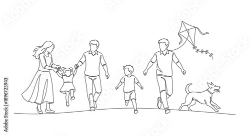 a happy family with two dads a mom a daughter a son and a dog running outdoors and flying a kite illustrating childhood joy active lifestyle and summer fun.