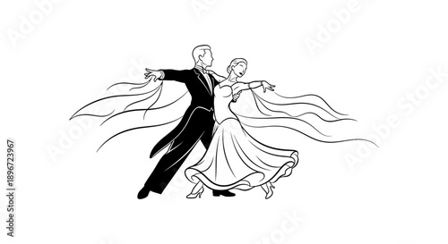 a stylized black and white illustration of an elegant ballroom dancing couple performing a graceful routine ideal for dance studio branding.