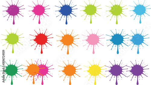 Large set of colorful paint splatters and ink blot splashes isolated on grey background for artistic creative design elements