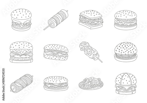 Line art icons depicting various hamburgers skewered meats and a side dish