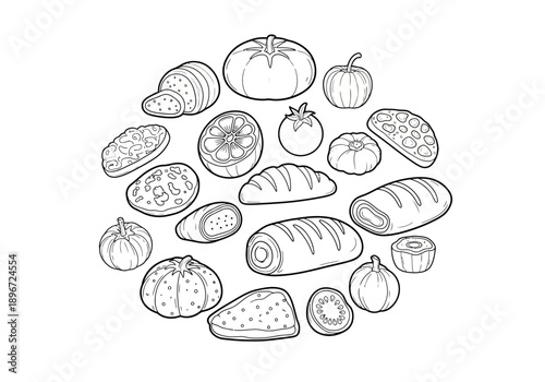Outline drawing of various baked goods and produce arranged circularly