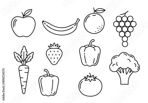 Ten black and white outline drawings of assorted fruits and vegetables