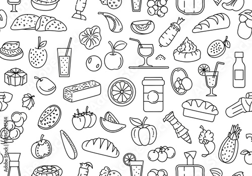 Seamless black and white line art pattern of various food items and drinks