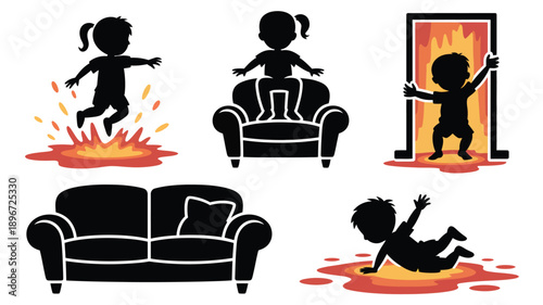 Childrens dangerous home activities illustration with fire and fall risks in a clear graphic style for safety education.