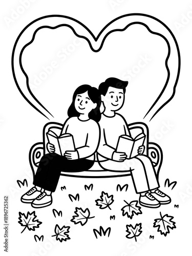 Couple Reading Books on Bench With Heart Shape Background Line Art