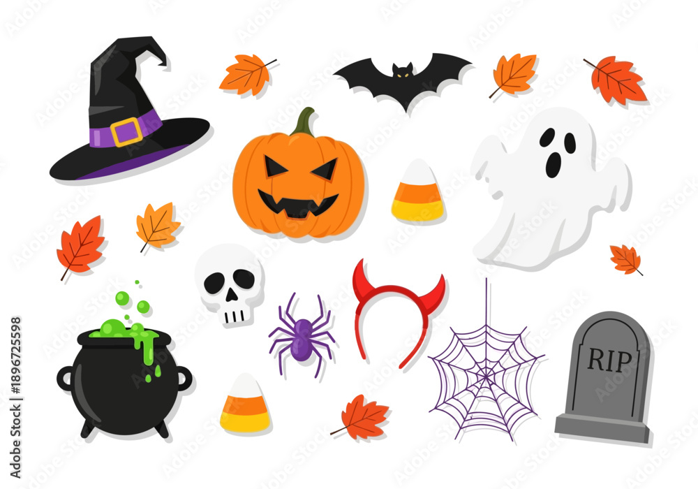Obraz premium Halloween themed illustration featuring a witch hat, pumpkin, ghost, and autumn leaves from a top-down viewpoint