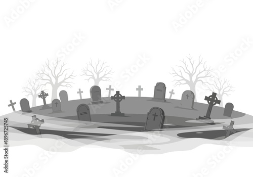 Graveyard scene with tombstones and crosses on a hill surrounded by bare trees in winter landscape viewed from a distance