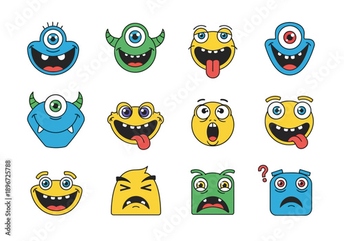 Collection of diverse cartoon emoticon faces displaying various emotions and expressions in a digital illustration
