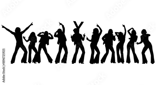 energetic silhouettes of a diverse group dancing embodying the retro disco eras vibrant party spirit perfect for event promotion and music designs.